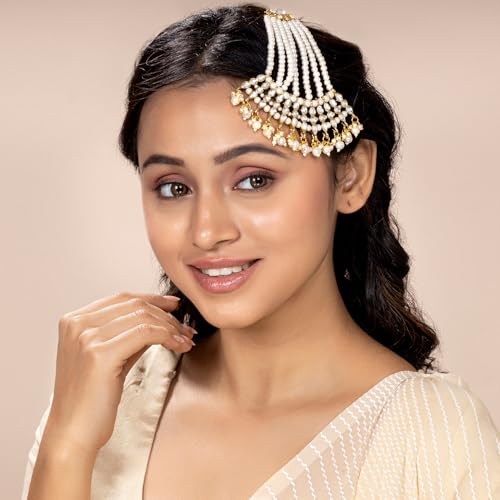 Image of Peora Gold-Plated & White Kundan Pearl Studded & Beaded Jhumar Passa Jewellery