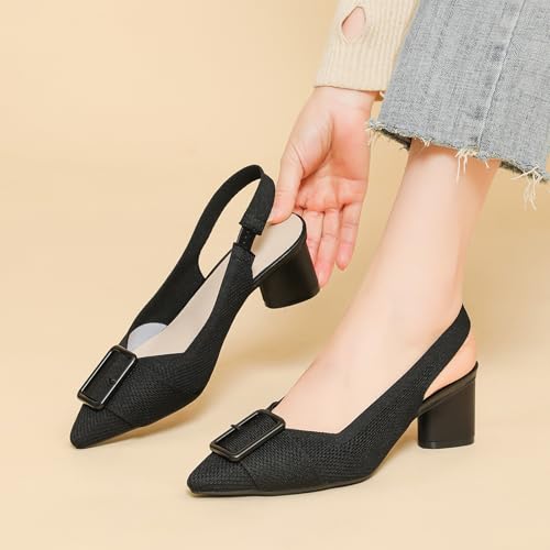 HROYL Women's Knitted Slingback Dress Pumps Pointed Toe Low Block Heel Work Office Wedding Dressy Shoes 5