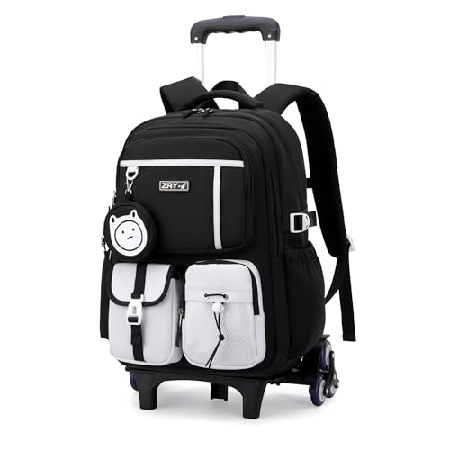 Mfikaryi Mochila infantil com rodinhas para meninas e meninos, mochila escolar com rodas, Seis rodas - preto, Seis rodas