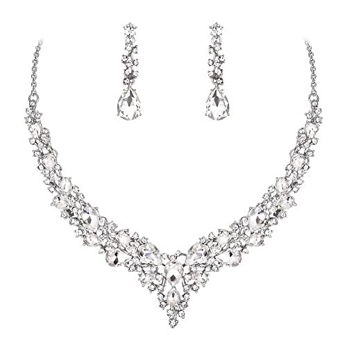 Crystal Teardrop Cluster Bib Silver Necklace and Earring Set main image 0