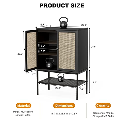Ikifly Rattan Storage Cabinet，High Sideboard Buffet Cabinet With Natural Rattan Doors, Cupboard Console Table With Adjustable Shelves For Kitchen, Living Room, Hallway - Black #TOP1