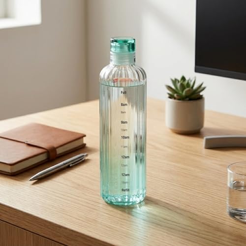 Image of Borosilicate Water Bottles, H2O Fridge Water Bottle with Cap, Leak proof & Airtight Lid, Water Bottle for Office, School, College - 500ml Bottles with Time Marker (Striped Green)