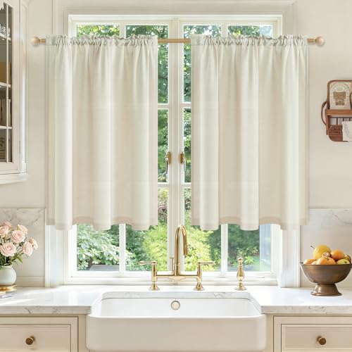 MRTREES Rideau Voilage Beige Court Lin Brise Bise Cuisine sous Évier Meuble Bas Placard 60x120 cm, Rideaux Voilage Semi-Transparent Passe Tringle pour Petite...