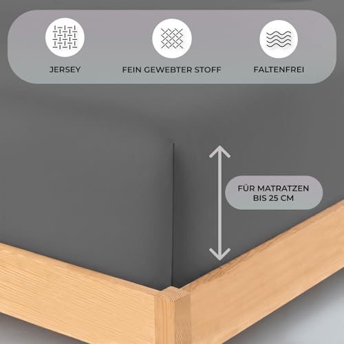 Foto von Buymax® Spannbettlaken 200x200cm Baumwolle 100% Spannbetttuch Bettlaken Jersey, Matratzenhöhe bis 25 cm, Farbe Anthrazit-Grau