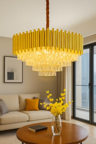 Image of TRIXY Chandeliers Lights for Ceiling Pure Gold Square Crystal Hanging Pendant Light Lamp | 3 Tier, K9 Crystal 400mm Jhoomar Fixture for Bedroom, Dining Room, Living Space Modern Home Lighting