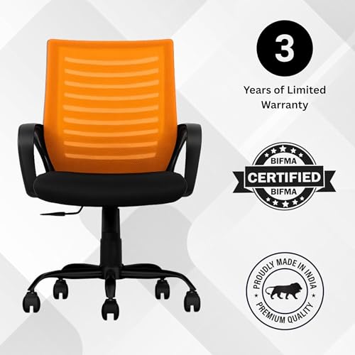 Image of Align Bliz Mesh Computer Chair for Work from Home, Ergonomic Office Seating with Height Adjustment, Armrest Support, Ventilated Backrest, Smooth Swivel Base, 3 Years Warranty - (Orange, Mid Back)