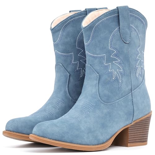 Image of IXU Cowboy Boots for Women Ankle Cowgirl Booties Wide Mid Calf Pointed Toe Western Boots Short Chunky Classic Booties