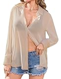 Totatuit Women's Sheer Button Up Blouse See Through Tops Sexy Button Down Shirt Beach Cover Up Apricot