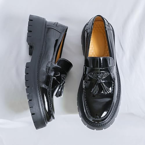 Men's Patent Leather Platform Tassel Loafers - Round Toe Slip-On Chunky Heel Lug Sole Penny Shoes Fashion Business Dress Shoes2