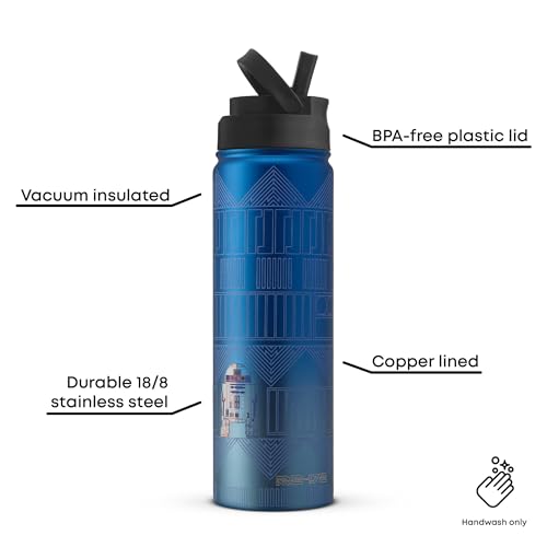 JoyJolt Star Wars Botella de Agua de Acero Inoxidable R2-D2 con Tapa de Pajilla, 22 oz Termo al Vacío miniatura 2