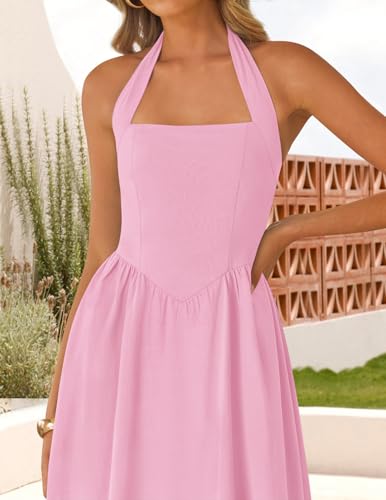 Image of ZESICA Women's Summer Sleeveless Halter Midi Dress 2026 Off Shoulder High Waist Flowy Formal Wedding Guest Long Dresses