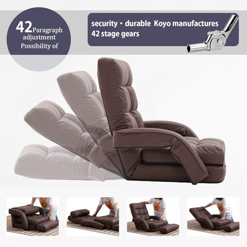 Image of Floor Chair for Adults with Back Support, 14-Position Adjustable Floor Sofa with Pillow & Armrests, Faux Leather Floor Lounger Chair for Gaming, Reading & Living Room (Brown)