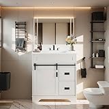 Furrnook Farmhouse Bathroom Vanity with Single Undermount Sink, Sliding Barn Doors, 2 Drawers & Ample Storage | Durable Engineered Stone Countertop | Freestanding Cabinet (30 inch)