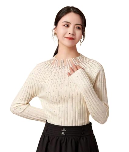 Image of ICW Women Knitted Rhinestone Embellised Daimond Studded Mesh Round Neck Long Sleeve Crop Top T-Shirt 206