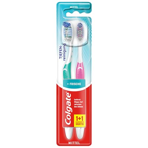 Colgate Zahnbürste Total Rundum-reinigung, mittel, 2 Stück - Handzahnbürste reinigt Zahnoberflächen, Zunge, Wangen und bis tief in die Zahnzwischenräume, mit mittelharten Borsten