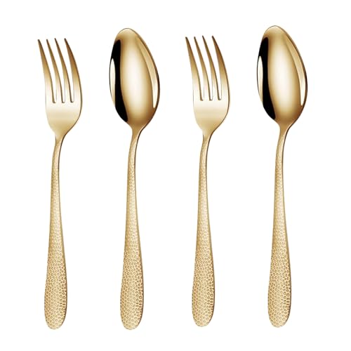 Image of Aurum Gold Hammered 4-Piece Cutlery Set | 2 Tablespoons & 2 Dinner Forks (8.1 inch) | Durable Stainless Steel Tableware for Home, Restaurants, and Gift Giving