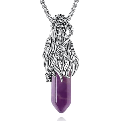Inktree Santa Muerte Necklace for Men Women Silver Plated Copper ST Muerte Pendant Amethyst Crystal Gothic Amulet Jewelry Religious Protection Gift for Father Son