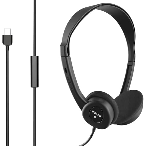 Image of Maxell HP101 Type-C Lightweight Headphones, Built-in Microphone, Adjustable Headband, 6 Foot Cord, 197236, Black