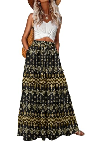Image of Lepunuo Womens Casual Boho High Waisted Flowy Maxi Skirts Tiered Floral Long Skirts with Pockets for Summer Beach Vacation