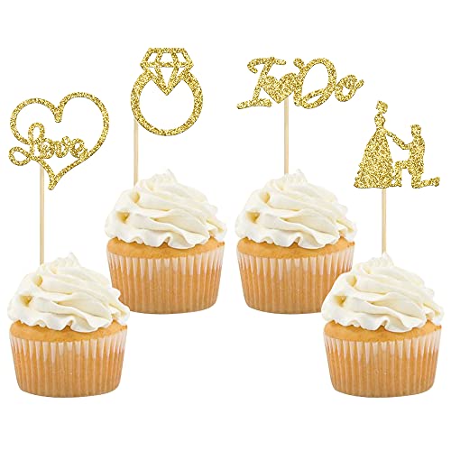 Gyufise Love I Do Cupcake Toppers Glitter Diamond Ring Propose Cupcake Picks Bridal Shower Wedding Engagement Party Cake Decorations Supplies Gold 24 Pack #TOP15