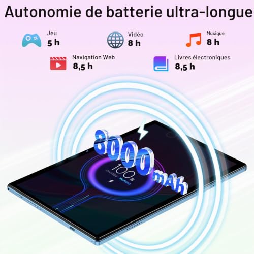 DEERTiME 2026 Tablette Android AI,Tablette 10.1 Pouces 22Go RAM+128Go ROM(TF 2To),8 Cœurs 2.0GHz, 5G WiFi GMS,8000mAh/WideVine L1/Netflix FHD/BT5.0/GPS/Tablette avec Clavier Souris-Bleu – vue 5