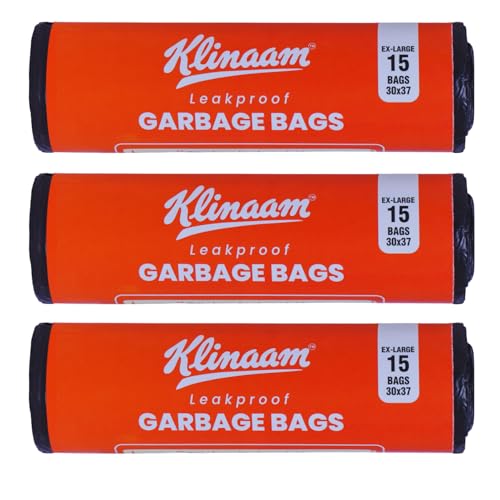 Image of Garbage Bags EX-Large 30 x 37 Inches | 45 Bags (15 Bags x 3 Rolls) | Strong & Leakproof Dustbin /Trash Bags | Waste Bags | Bathroom Dustbin Bags | For Dry & Wet Waste | Black