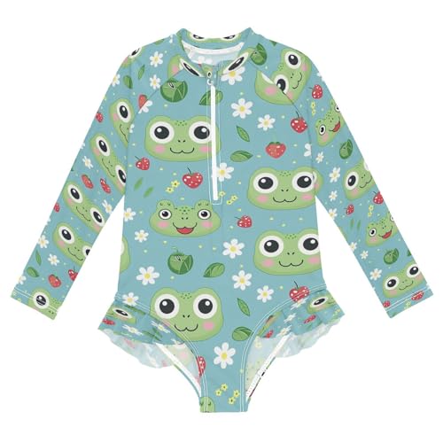 Cute Frog Face Strawberry Girls Long Sleeve Swimsuits One Piece Zipper Bathing Suit UPF 50+ Rashguard Swimwear