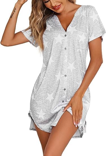 Ekouaer Damen Nachthemd Kurzarm mit Knopfleiste Schlafhemd Kurz Schlafshirt...