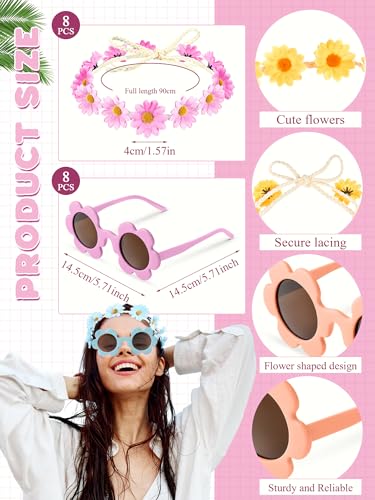 Kanayu 16 Pcs Flower Sunglasses and Headbands Set, Daisy Flower Crown Costume Set Colorful 60s 70s Party Gifts Party Favors2