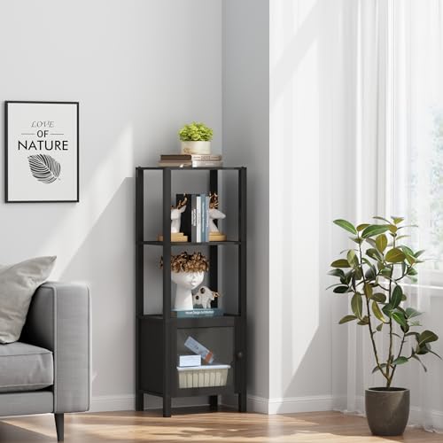 Image of TUTOTAK 4 Tier Bookcase and Bookshelf, Narrow Book Shelf with Door for Small Space, for Living Room, Office, Study, Entryway, Black BS03BK004