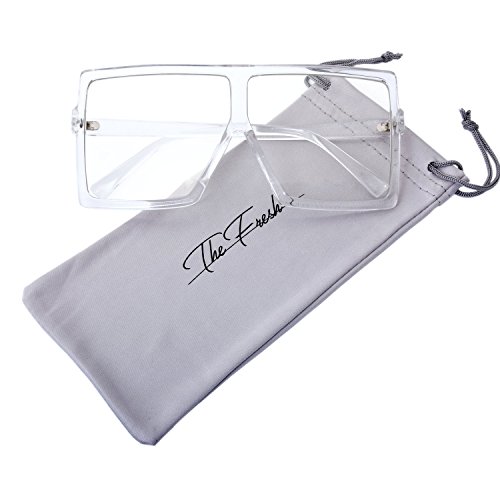 The Fresh Large Oversized Fashion Square Flat Top Sunglasses with Gift Box (4-Shiny Crystal, Clear/AR Coating)4
