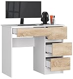 BDW Büroschreibtisch mit 4 Schubladen - Gamingtisch – Gaming Desk - Computertisch - Gaming Tisch – Gaming Schreibtisch - Kleiner Schreibtisch 90x77x50cm - Weiss/Eiche Sonoma
