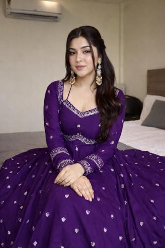 Image of Quteanza Fashion Women's Faux Georgette Purple Embroidered Anarkali Gown with Dupatta | Women's Embroidered Long Anarkali Gown with Dupatta