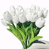 Awtlife 24 piezas de flores artificiales de tulipán de látex con tacto real para hacer ramos de boda, fiesta de novia, baby shower decoración del hogar blanco