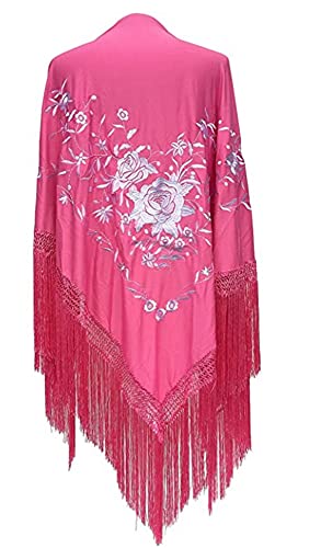 AMINA Mantón pico rosa de flamenco con flecos. Bordado a una cara color blanco. Grande 190X90cm Cover