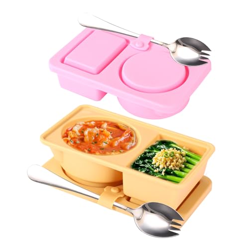 Lyreh 2uds Recipientes Reutilizables Aperitivos, Cajas Silicona con 2 Cucharas Recipientes Reutilizables Doble Compartimento Perfectos para Oficina Picnics Viajes Escalada Senderismo