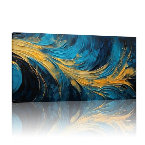 Peinture abstraite or bleu toile tendue grand format 70x145cm