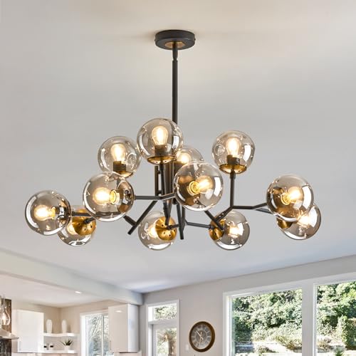Chandelier Spoutnik 6 globes noir et or pour plafonnier de salon moderne