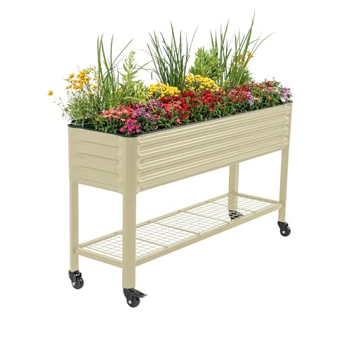 Vego garden Rolling Elevated Raised Garden Bed, 1.5' x 5.5' Outdoor Planters Boxes with Legs & Storage Rack for Patio, 750 Lbs Weight Capacity, Raised Beds for Gardening, Pearl White