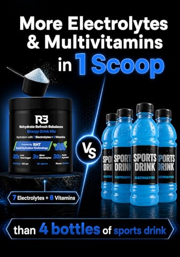 Image of R3 Instant Electrolyte Powder Mix | 500 mg Sodium 2:1 Na:K | 7 Electrolytes Na K Mg Ca Cl Zn SO4 | Fast Dissolve Drink | Workout Hydration & Sustained Boost | Blueberry Flavour | 30+ servings /7.5 Ltr | 200 g