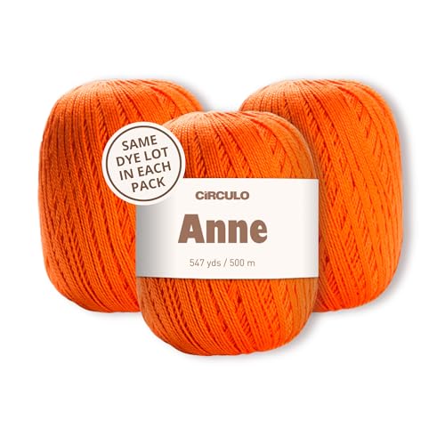 Image of CIRCULO Anne Yarn Pack, 1641 yds for Knitting & Crochet, 3 Balls of 100% Mercerized Brazilian Virgin Cotton, Soft Fingering Weight, Color 4545 Tangerine