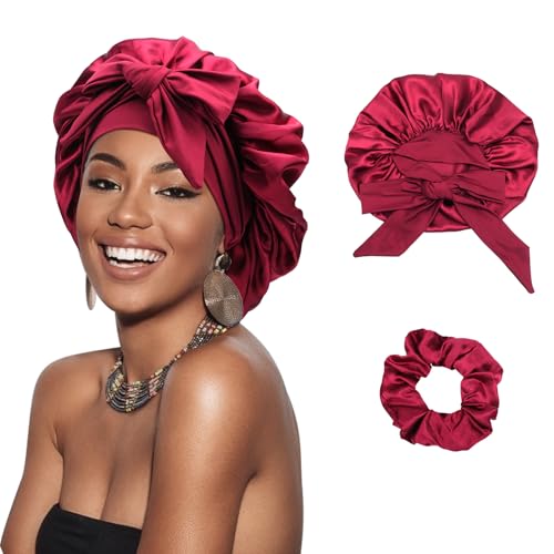DRESHOW Satin Braid Bonnet for Women Silk Bonnet for Sleeping Sleep Cap with Elastic Tie Band Night Cap for Long Curly Hair Locs