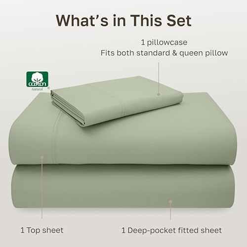 Image of California Design Den Natural 100% Cotton Sheets Twin XL Size Set - Luxury 600 Thread Count Sateen, Fully Elasticized Deep Pocket Bedsheets, Cool and Durable Bedding for Dorm Room - Laurel Green