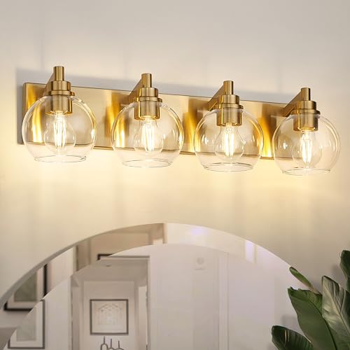 Image of Bathroom Light Fixtures, 4 Light Brushed Gold Vanity Light, 26 Inch Modern Wall Sconces with Globe Clear Glass Shade, Vanity Lighting Fixtures Over Mirror, VL195-BG-CL-4
