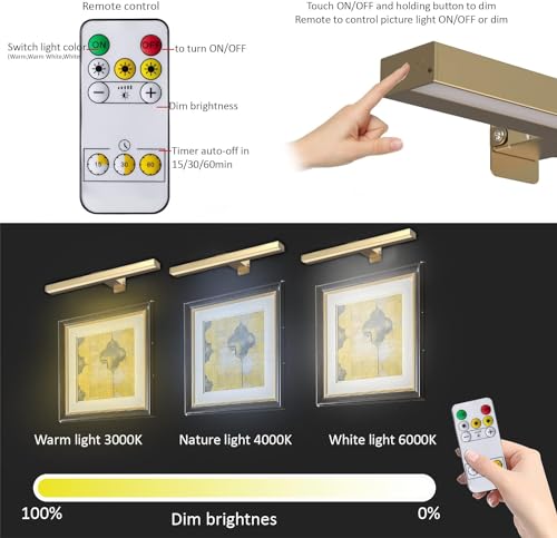 Image of MIOBLUE Rechargeable Picture Lights with Remote, 16 inch Battery Operated Painting Light Display Lamp with 3 Lighting Modes, Dimmable Dartboard Light with Timer for Frame Portrait Art, Metal Body