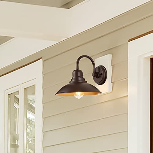 Image of GOLDHILL 10.5 inch Bronze Gooseneck Metal Outdoor Barn Light 2-Pack, Powder Coated Anti-Rust Farmhouse Exterior Wall Sconce with Gold Interior, Wet Location Rated for Porch, Garage, Bathroom Vanity