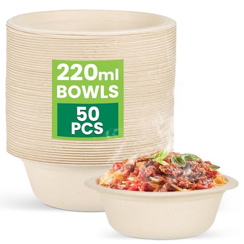 Hejo 50 Pezzi Ciotole di Carta,220ml Ciotole Monouso,Alta Qualità Piatti per Cibo Caldo,Piatti di Carta Compostabili per Feste,Matrimoni,Picnic(Beige)