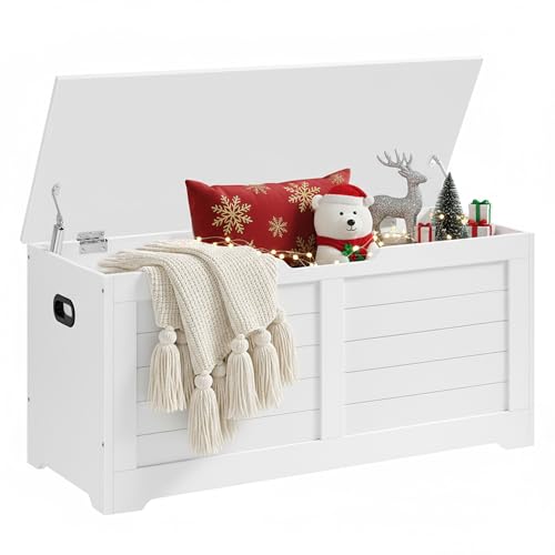 VASAGLE Storage Chest, Storage Bench with 2 Safety Hinges, Farmhouse Style, 15.7 x 39.4 x 18.1 Inches, for Entryway, Bedroom, Living Room, Cloud White ULSB061T10