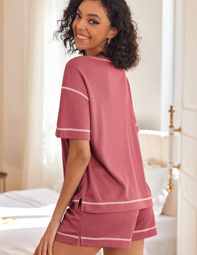 Image of Ekouaer Women's Waffle Knit Two Piece Lounge Set, Soft Matching Outfits for Daily Wear, Casual Shorts Set with Pocket