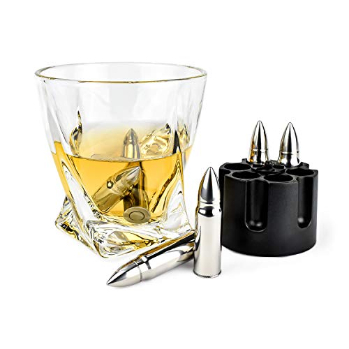 Metal Whiskey Stones Bullets with Revolver Base - Set of 6, XL Reusable Ice Cubes - Steel Chilling Rocks for Scotch Bourbon - Cool Gifts for Men, Father's Day, Christmas Stocking Stuffer, Military Man